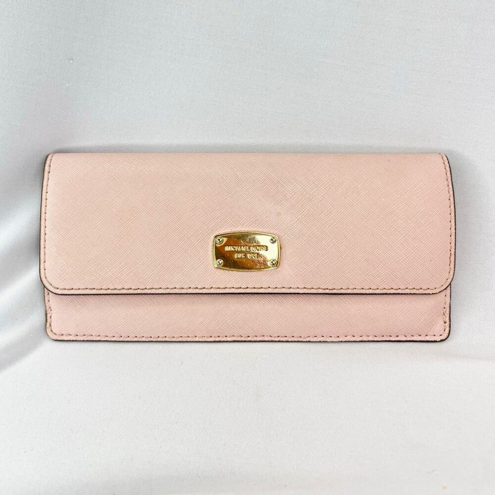 Michael Kors Pink Logo Flap Wallet Zip Coin Pocket Credit Card Slots Women